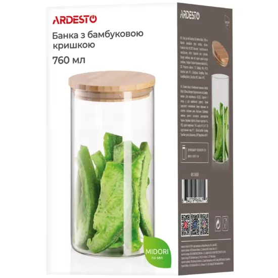 Ardesto Jar Midori, 760ml, glass, bamboo, round, transparent
