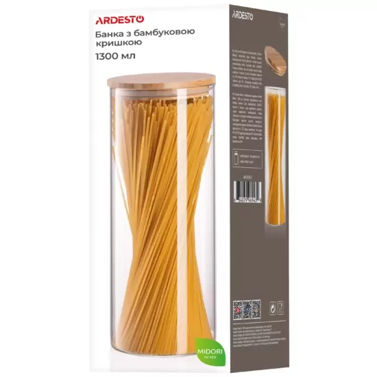Банка для хранения Ardesto Midori, 1300мл, стекло, бамбук, круглая, прозрачный