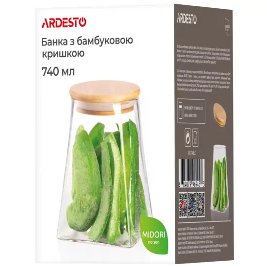 Банка для хранения ARDESTO Midori, 740мл, стекло, бамбук, конусная, прозрачный