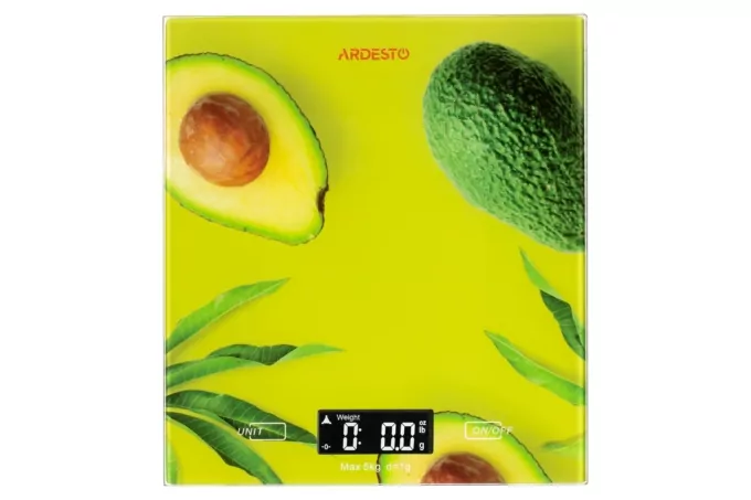 Ardesto scales for kitchen Avocado, 5кг, AAAx2 included, glass, colorful