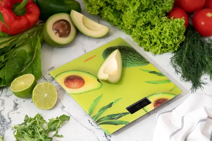Ardesto scales for kitchen Avocado, 5кг, AAAx2 included, glass, colorful