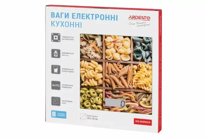 Весы ARDESTO кухонные Pasta, 5кг, AAAx2 в компл, стекло, многоцветный