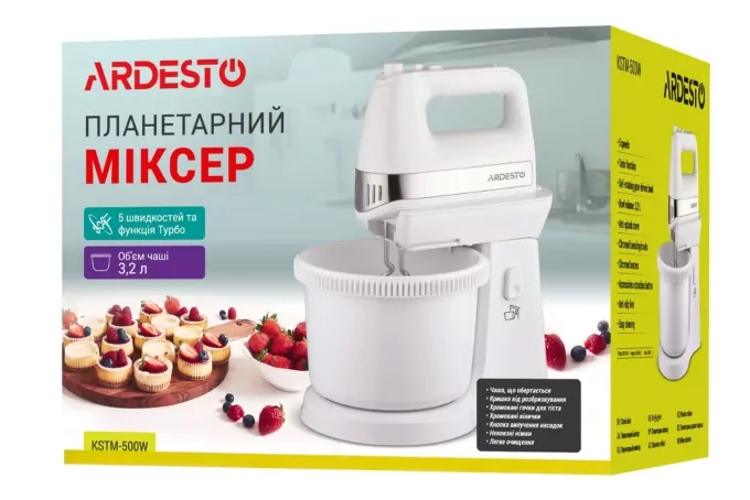 ARDESTO Миксер ручной с чашей, 500Вт, насадки-4, чаша-пластик, 3.2л, турборежим, белый
