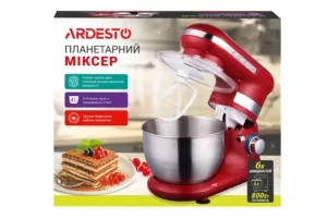 Миксер Ardesto планетарный 800Вт, насадки-3, чаша-нерж., металл, 4л, Pulse-режим, желтый