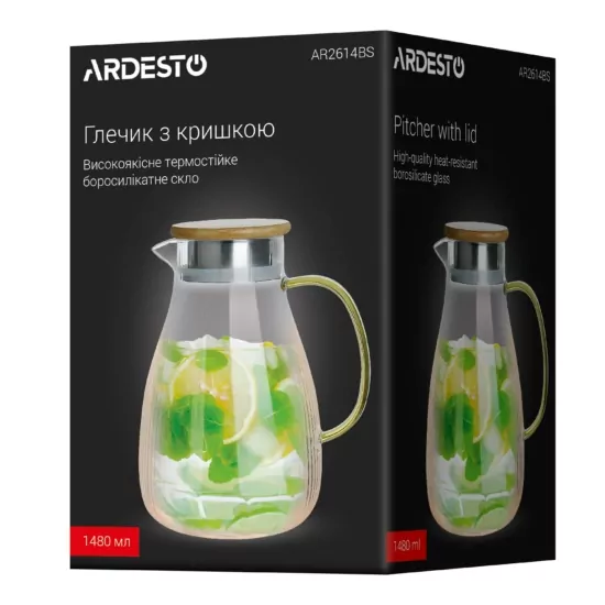 Глечик з кришкою ARDESTO, 1480мл, боросилікатне скло, нержавіюча сталь, бамбук, прозорий