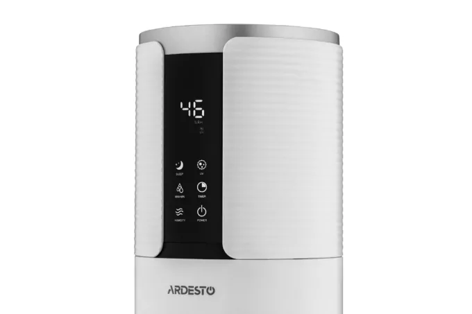 Зволожувач повітря ARDESTO ультразвуковий, 50м2, 8л, 300мл/г, електр. кер-ння, пульт ДК, верх. залив води, дисплей, білий