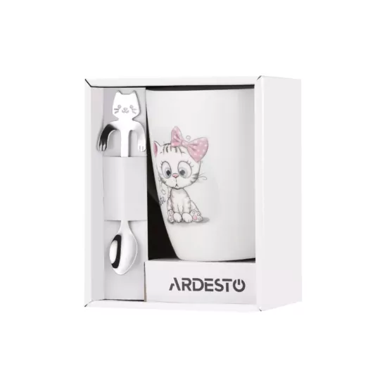 Чашка с ложкой Ardesto Cute, 320мл, фарфор, нержавеющая сталь, белый