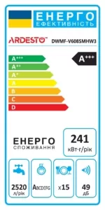 Dishwasher ARDESTO, 15sets, А+++, 60cm, display, 3 basket, smart wash, extra hygiene, autodoor, white
