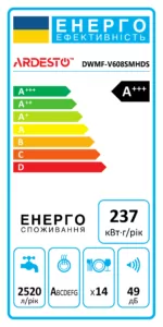 Посудомоечная машина ARDESTO, 14компл., А+++, 60см, дисплей, гигиен.обработка, авт.откр.двери, серебристый