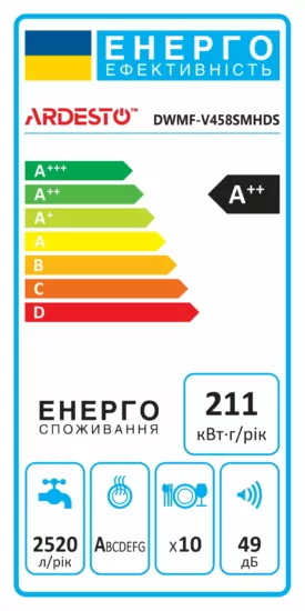 Dishwasher ARDESTO, 10sets, А++, 45cm, display, smart wash, extra hygiene, silver