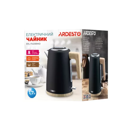 Електрочайник Ardesto Wood Modern, 1.7л, метал, мат, Strix, чорний