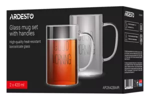 Ardesto mug set with handles Good Morning, 420ml, 2pcs, borosilicate glass, transparent