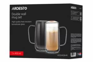 Ardesto Doublewall mug set with handles, 400ml, 2pcs, borosilicate glass, transparent