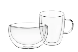 Ardesto Breakfast set double wall  mug and bowl, 270ml , 500ml, borosilicate glass