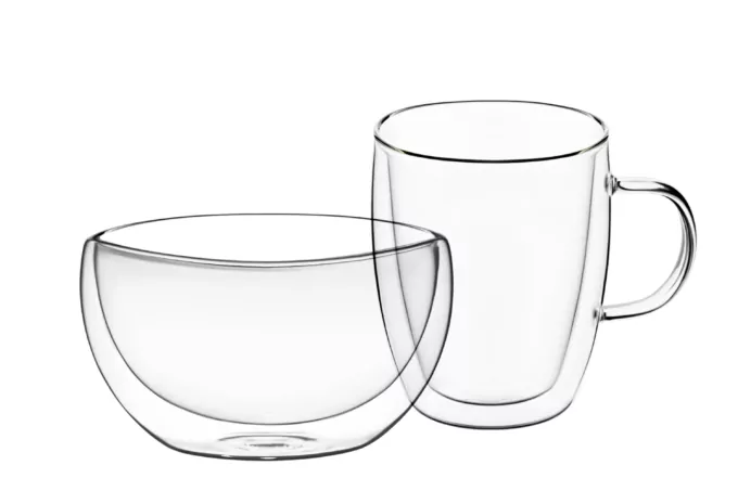 Ardesto Breakfast set double wall  mug and bowl, 270ml , 500ml, borosilicate glass