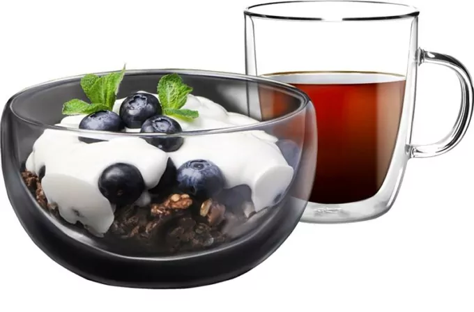 Ardesto Breakfast set double wall  mug and bowl, 270ml , 500ml, borosilicate glass