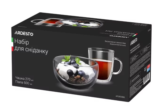 Ardesto Breakfast set double wall  mug and bowl, 270ml , 500ml, borosilicate glass