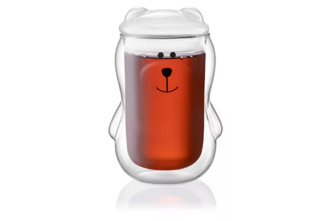 Ardesto Doublewall mug set with a lid Animals, 300ml, 2pcs, borosilicate glass, transparent