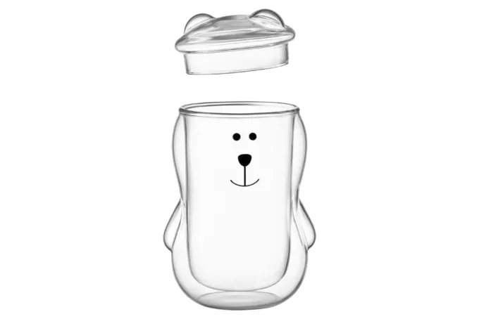 Ardesto Doublewall mug set with a lid Animals, 300ml, 2pcs, borosilicate glass, transparent