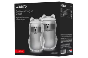 Ardesto Doublewall mug set with a lid Animals, 300ml, 2pcs, borosilicate glass, transparent