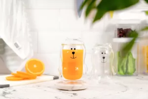 Ardesto Doublewall mug set with a lid Animals, 300ml, 2pcs, borosilicate glass, transparent