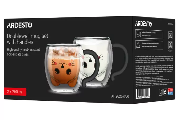 Ardesto Double wall mug set with handles Animals, 250ml, 2pcs, borosilicate glass, transparent