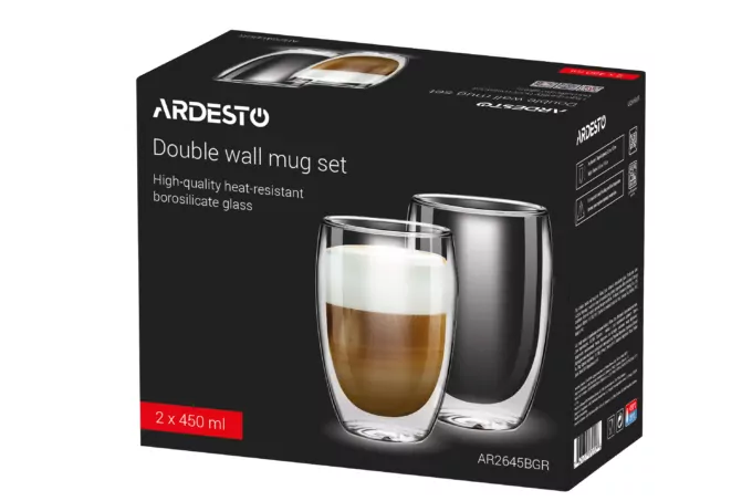 Ardesto Double wall mug set, 450ml, 2pcs, borosilicate glass, transparent