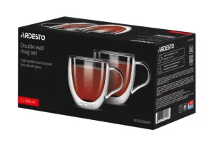 Ardesto Double wall mug set with handles, 300ml, 2pcs, borosilicate glass, transparent