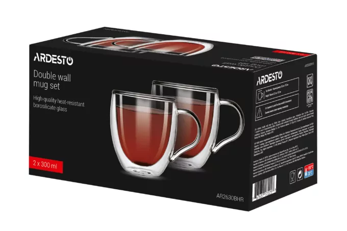 Ardesto Double wall mug set with handles, 300ml, 2pcs, borosilicate glass, transparent