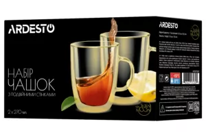 Ardesto Double wall mug set with handles Golden Moon, 270ml, 2pcs, borosilicate glass, golden