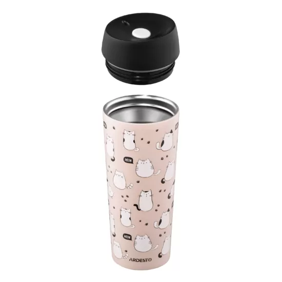 ARDESTO Travel mug Coffee Time Cats 450ml, stainless steel, brown