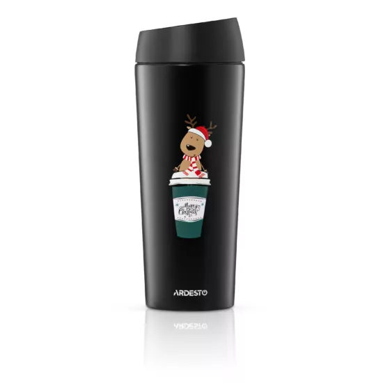 Термокухоль Ardesto Coffee Time Christmas Reindeer 450мл, нержавіюча сталь, чорний