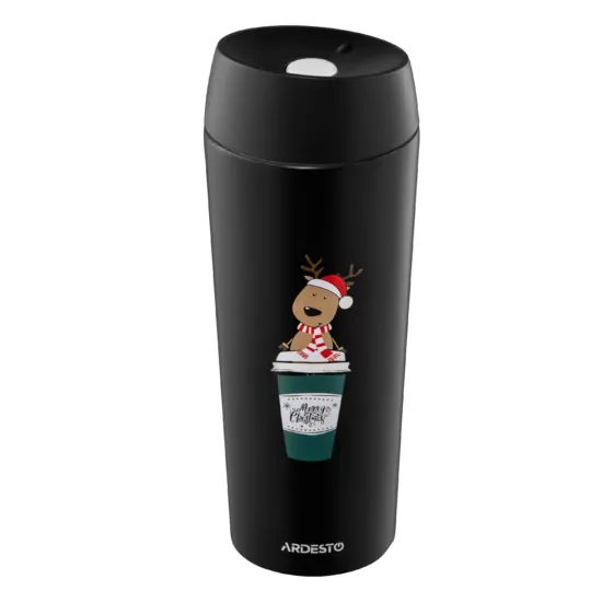 Термокухоль Ardesto Coffee Time Christmas Reindeer 450мл, нержавіюча сталь, чорний
