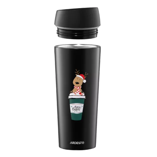 Термокухоль Ardesto Coffee Time Christmas Reindeer 450мл, нержавіюча сталь, чорний