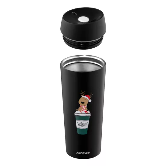 Термокухоль Ardesto Coffee Time Christmas Reindeer 450мл, нержавіюча сталь, чорний
