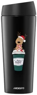 Термочашка Ardesto Coffee Time Christmas Reindeer 450мл, нержавеющая сталь, чорный