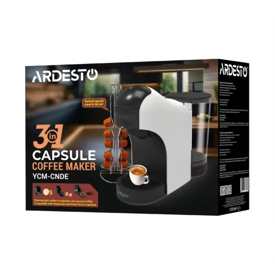 Кавоварка Ardesto капсульна, 0.9л,  капсули Nespresso, Nescafe Dolce Gusto, мелена кава, сенсорне керування, білий