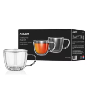 Ardesto Double wall mug set with handles 350ml, 2pcs, borosilicate glass, transparent