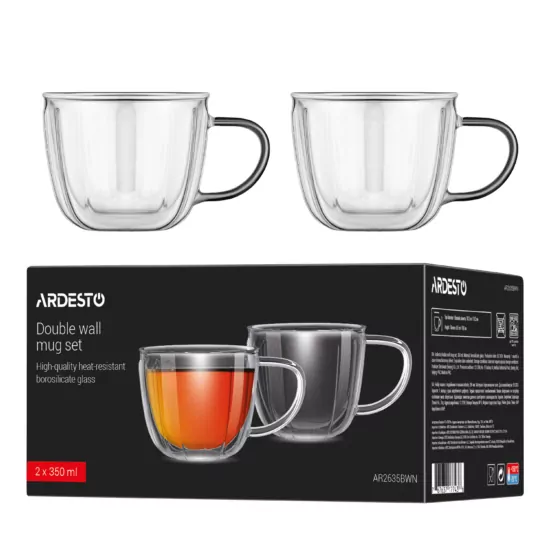 Ardesto Double wall mug set with handles 350ml, 2pcs, borosilicate glass, transparent