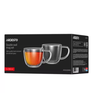 Ardesto Double wall mug set with handles 350ml, 2pcs, borosilicate glass, transparent