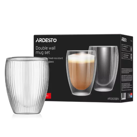 Набір чашок з подвійними стінками Ardesto 350мл, 2шт, боросилікатне скло, прозорий