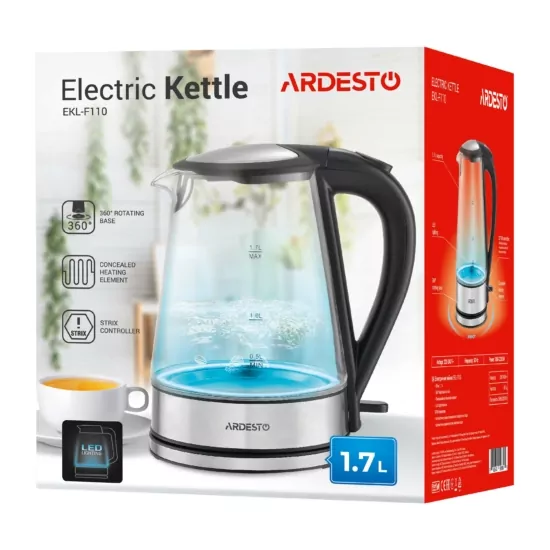 Електрочайник Ardesto 1.7л, Strix, скло, чорний