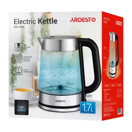 Ardesto electric kettle, 1.7L, glass, Strix, silver-black