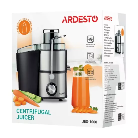 Ardesto centrifugal juicer, 1000W, bowl-0.5L, cake-1.5L, plastic/iron, silver-black