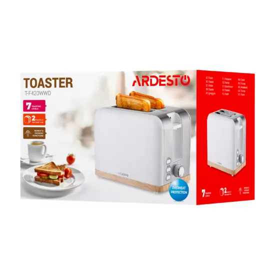 Тостер Ardesto Wood Modern, 800Вт, металл, 2 слота, белый