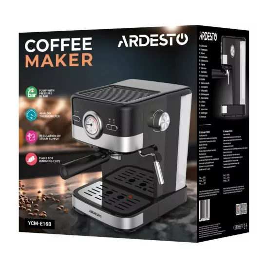 Кофеварка Ardesto рожковая Steel Collection 1.5л, молотый, ручной капучинатор, черно-серебристый