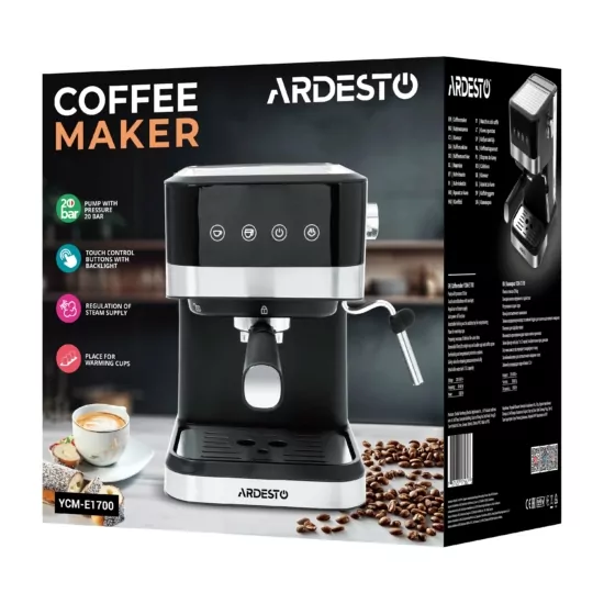 Ardesto coffee maker carob 1.5l, ground, hand capuchino maker, touch control, black-silver