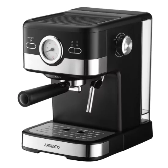 Кофеварка Ardesto рожковая Steel Collection 1.5л, молотый, ручной капучинатор, черно-серебристый
