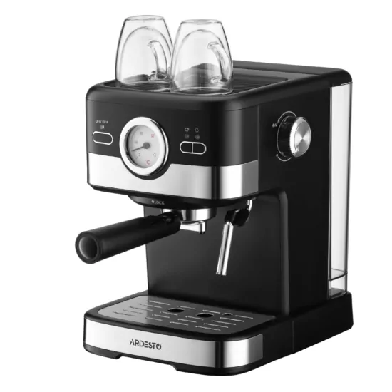 Кофеварка Ardesto рожковая Steel Collection 1.5л, молотый, ручной капучинатор, черно-серебристый