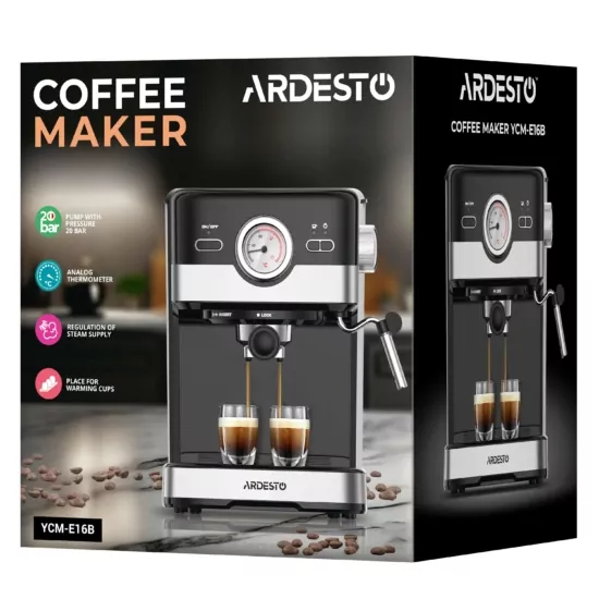 Кофеварка Ardesto рожковая Steel Collection 1.5л, молотый, ручной капучинатор, черно-серебристый